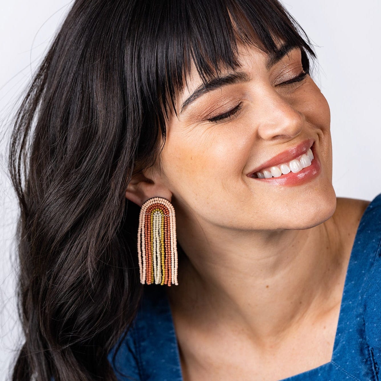 Skylar Rainbow Stripe Beaded Fringe Earrings - Desert