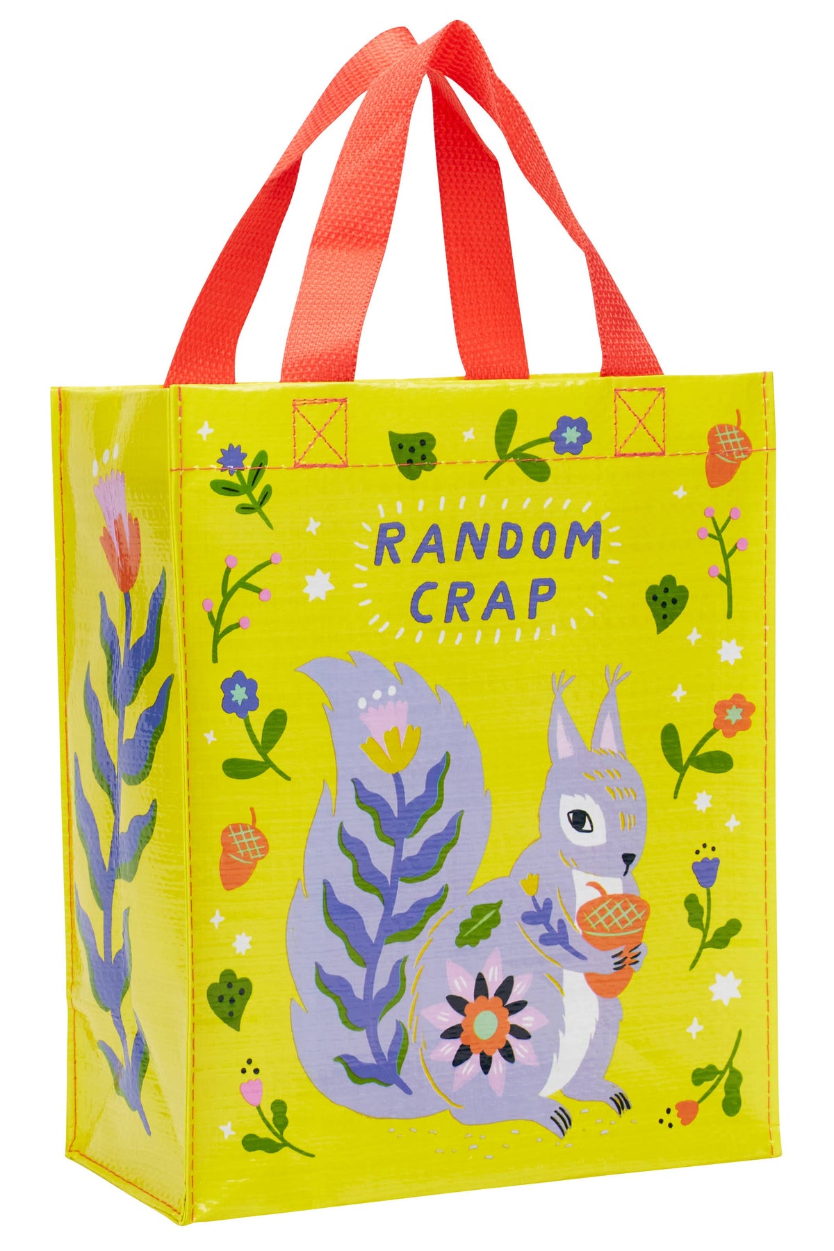 Colorful tote bag with cartoon squirrel design and text "Random Crap" on a white background