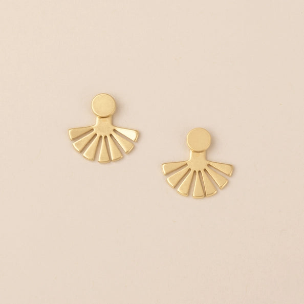 Gold tone stud earrings with a sunburst ear jacket