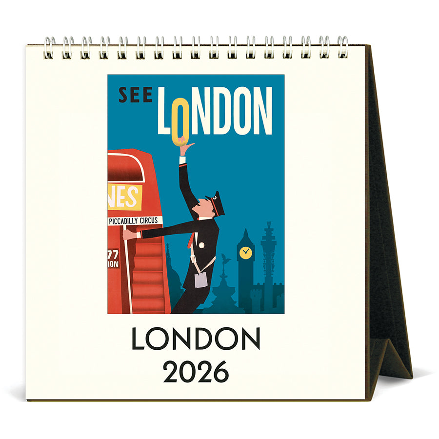 London 2026 calendar with a vintage tourist poster featuring a double decker bus that says "See London"
