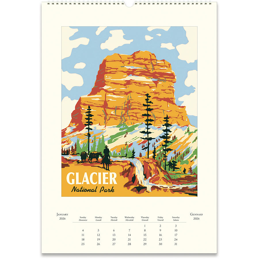 Calendar with a colorful illustration of Glacier National Park featuring mountains and trees.