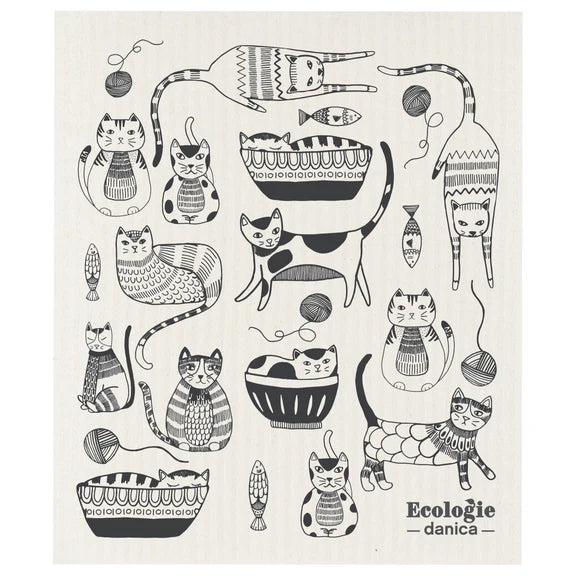 Reusable sponge cloth decorated with drawings of cats, fish, and balls of yarn