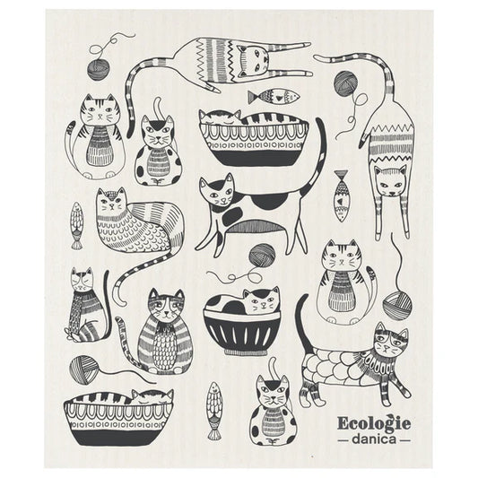 Reusable sponge cloth decorated with drawings of cats, fish, and balls of yarn