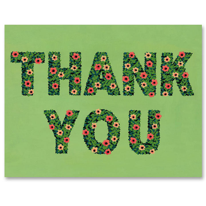Green thank you card that says "Thank You' in topiary letters with peach and red flowers