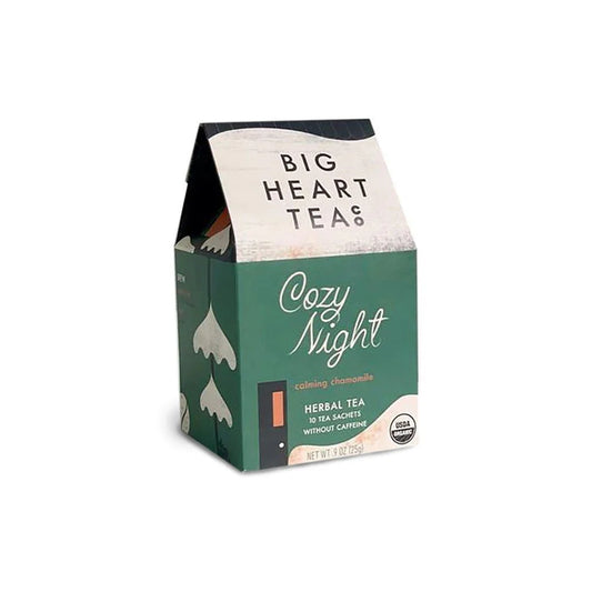 Big Heart Tea Co Cozy Night packaging looks like a green house in the snow