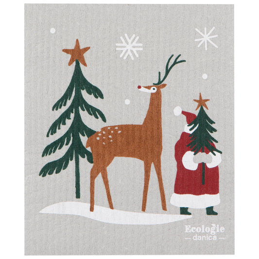 Holiday themed light gray sponge cloth with a large reindeer and Santa hiding behind a tree.