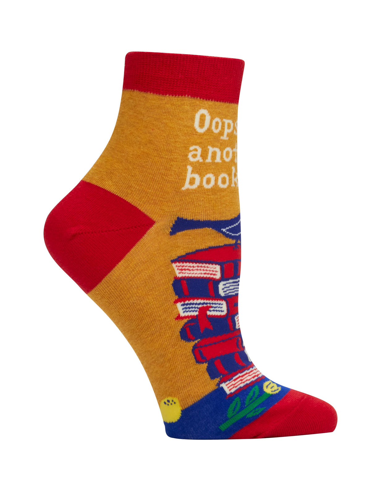 Side view of colorful sock with text and design on a white background.