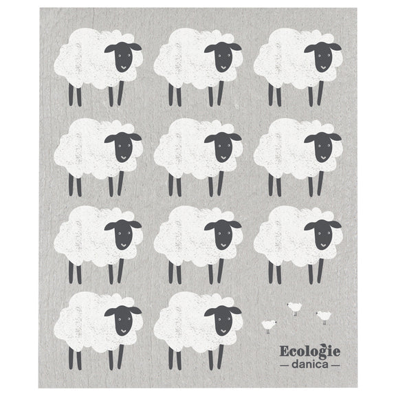 Gray reusable sponge cloth with cute fluffy lambs all over