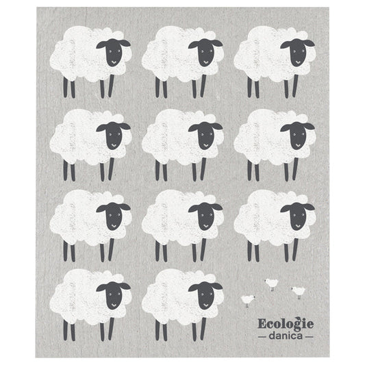 Gray reusable sponge cloth with cute fluffy lambs all over