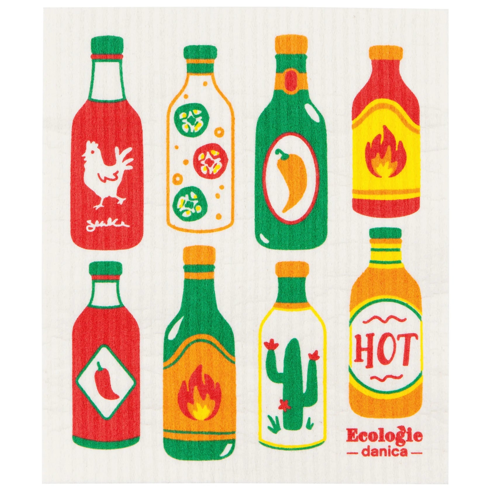 Reusable sponge cloth decorated with colorful bottles of hot sauce