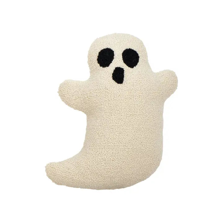 Ghost shaped wool hook pillow is white with big black eyes and a black mouth poised for the perfect BOO