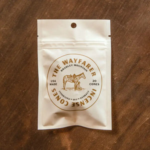 cream color package of incense cones by bradley mountain brand with horse illustration and scent "wayfarer" printed on it
