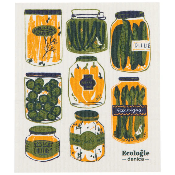 Reusable sponge cloth with jars of various pickled veggies
