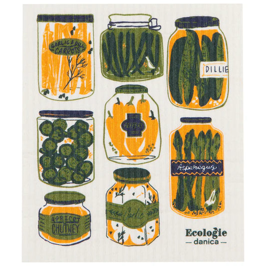 Reusable sponge cloth with jars of various pickled veggies