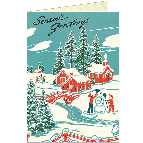 Vintage snowy scene with vibrant red, blue and green colors against a snowy background. Card reads "Season's Greatings"
