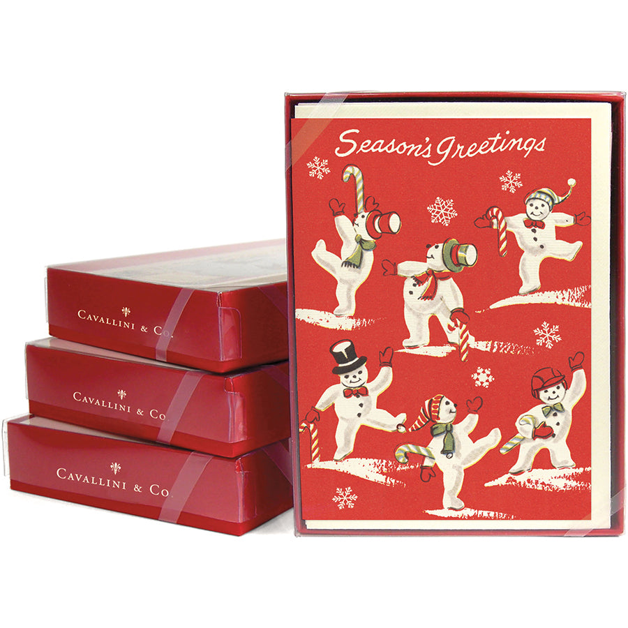 Set of red Cavallini & Co. holiday cards with illustrations of snowmen frolicking with candy canes
