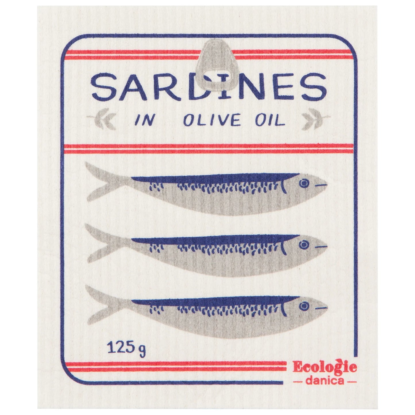 Reusable sponge cloth decorated in the style of a sardine can