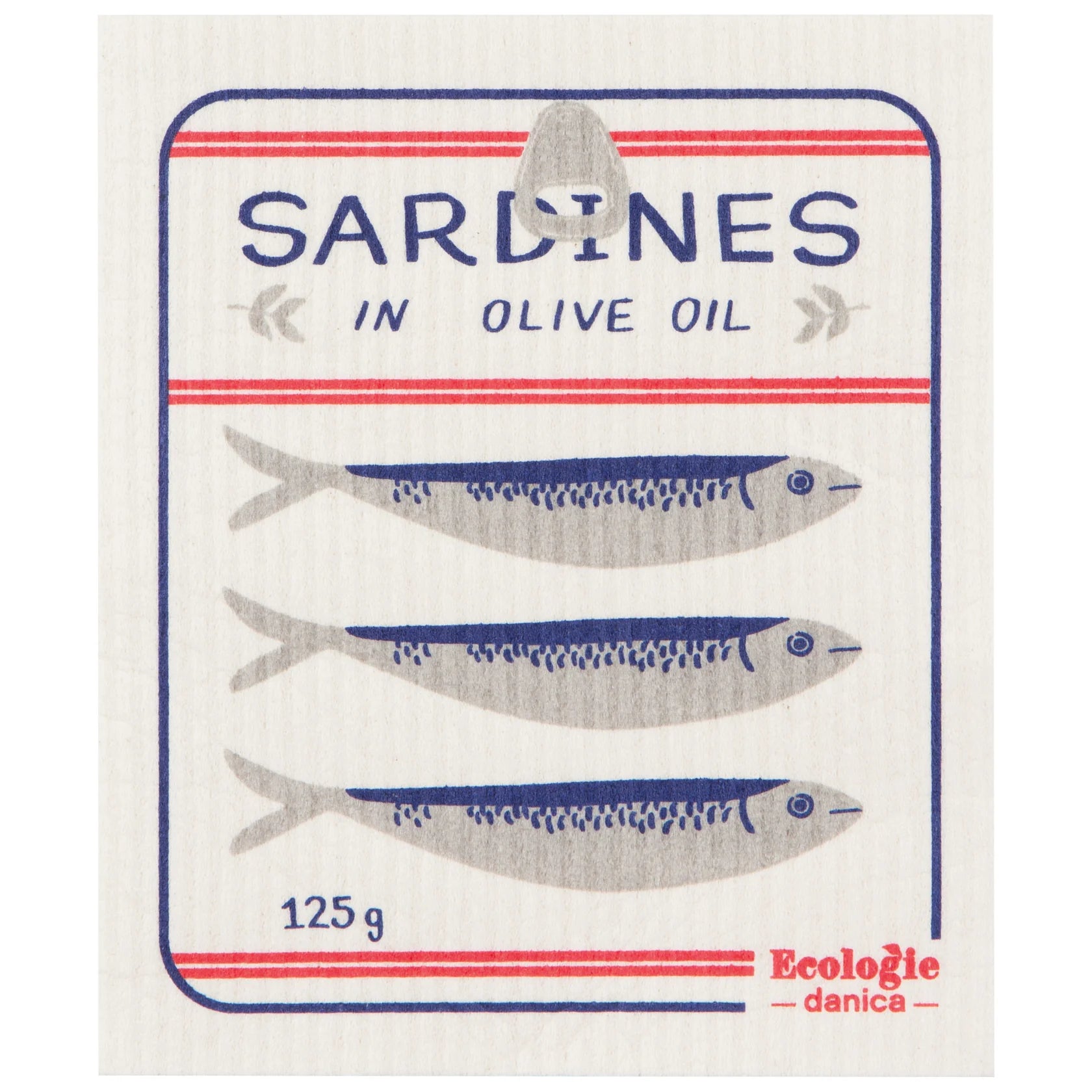 Reusable sponge cloth decorated in the style of a sardine can