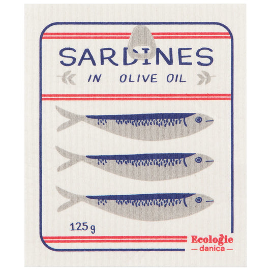 Reusable sponge cloth decorated in the style of a sardine can