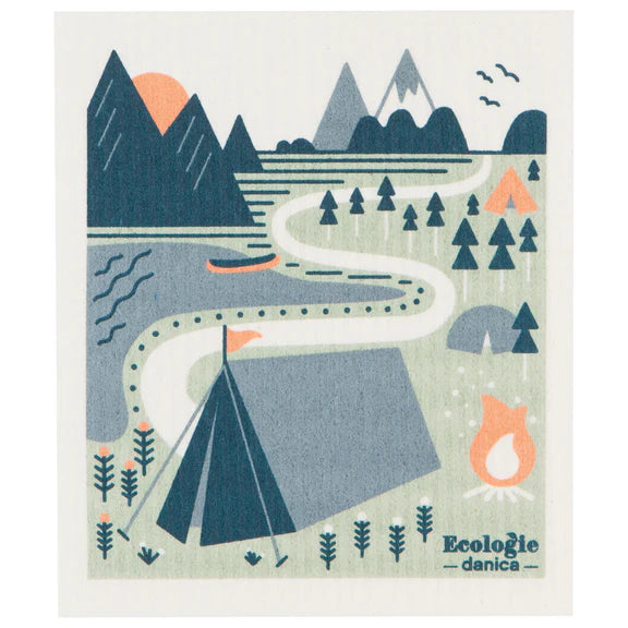 Reusable sponge cloth with a outdoor scene of mountains and trees on a lake with a tent and a campfire