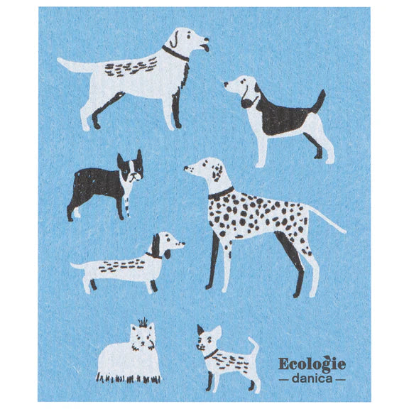 Reusable sponge cloth in blue with cute black and white pups all over it.