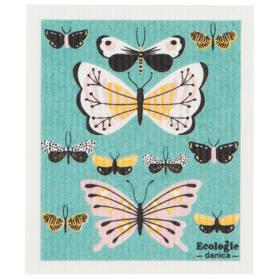 White and turquoise reusable sponge cloth decorated with colorful butterflies