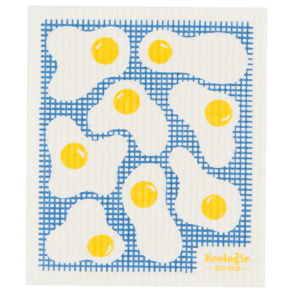 Blue and white checked reusable sponge cloth decorated with fried eggs