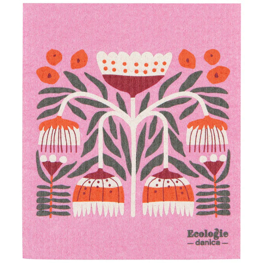 Pink reusable sponge cloth with a Scandinavian floral design in white, red, gray, and orange