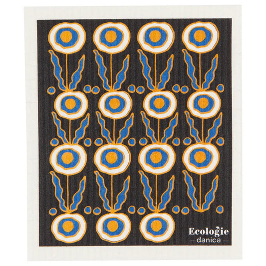 Reusable sponge cloth with a Scandinavian floral design in black, blue, and gold