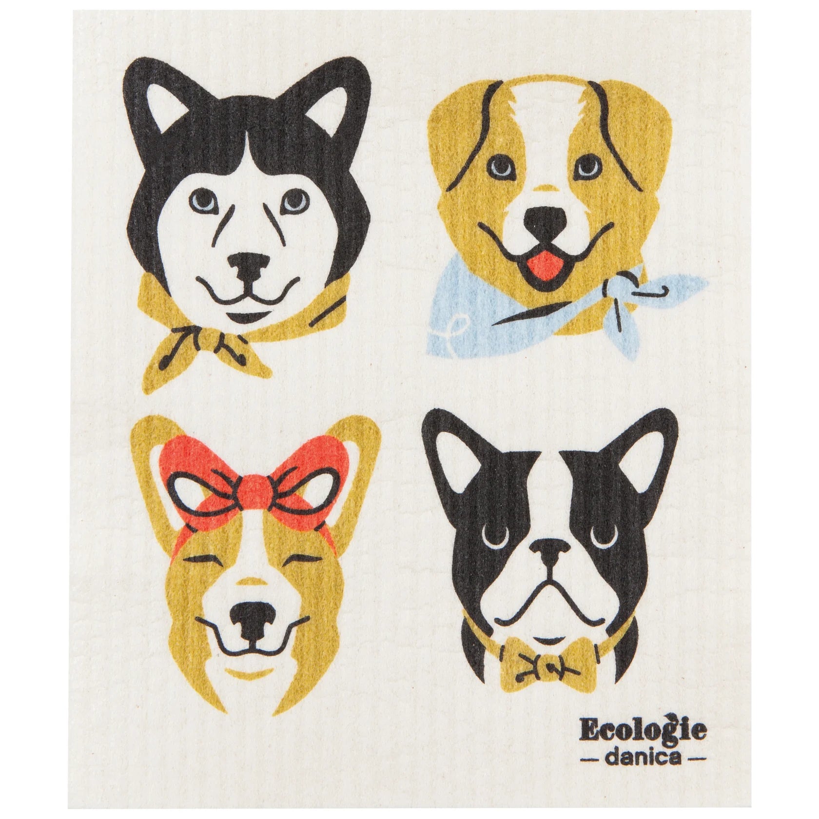 Reusable sponge cloth with 4 adorable dogs in bandanas and bows