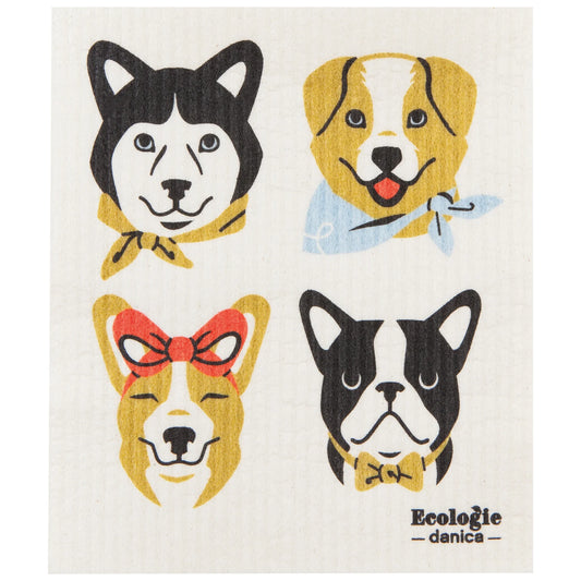 Reusable sponge cloth with 4 adorable dogs in bandanas and bows