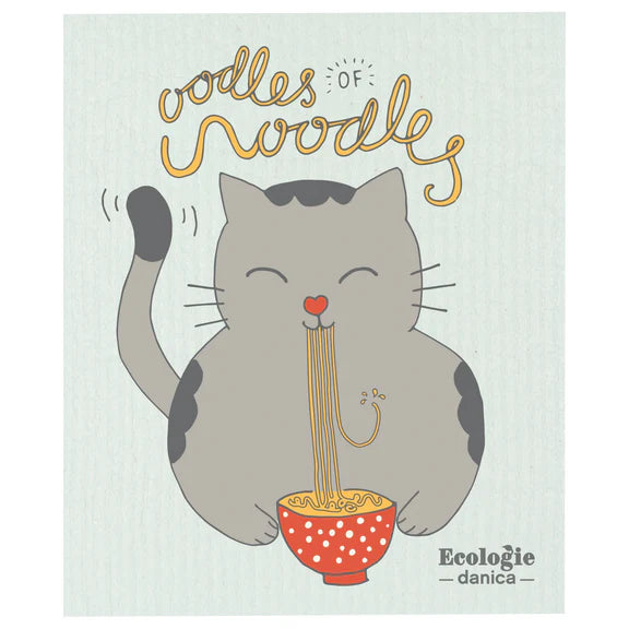 Reusable sponge cloth with a cute cat eating noodles from a red polka dot bowl with "oodles of noodles" above it's head
