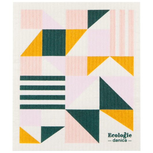 Reusable sponge cloth with abstract geographic patterns in pink, gold, and green