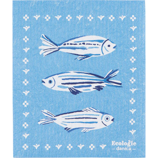 Blue reusable sponge cloth decorated with blue and white fish