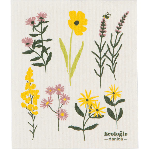 Reusable sponge cloth with wildflowers and a bee