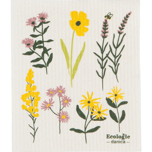 Reusable sponge cloth with wildflowers and a bee