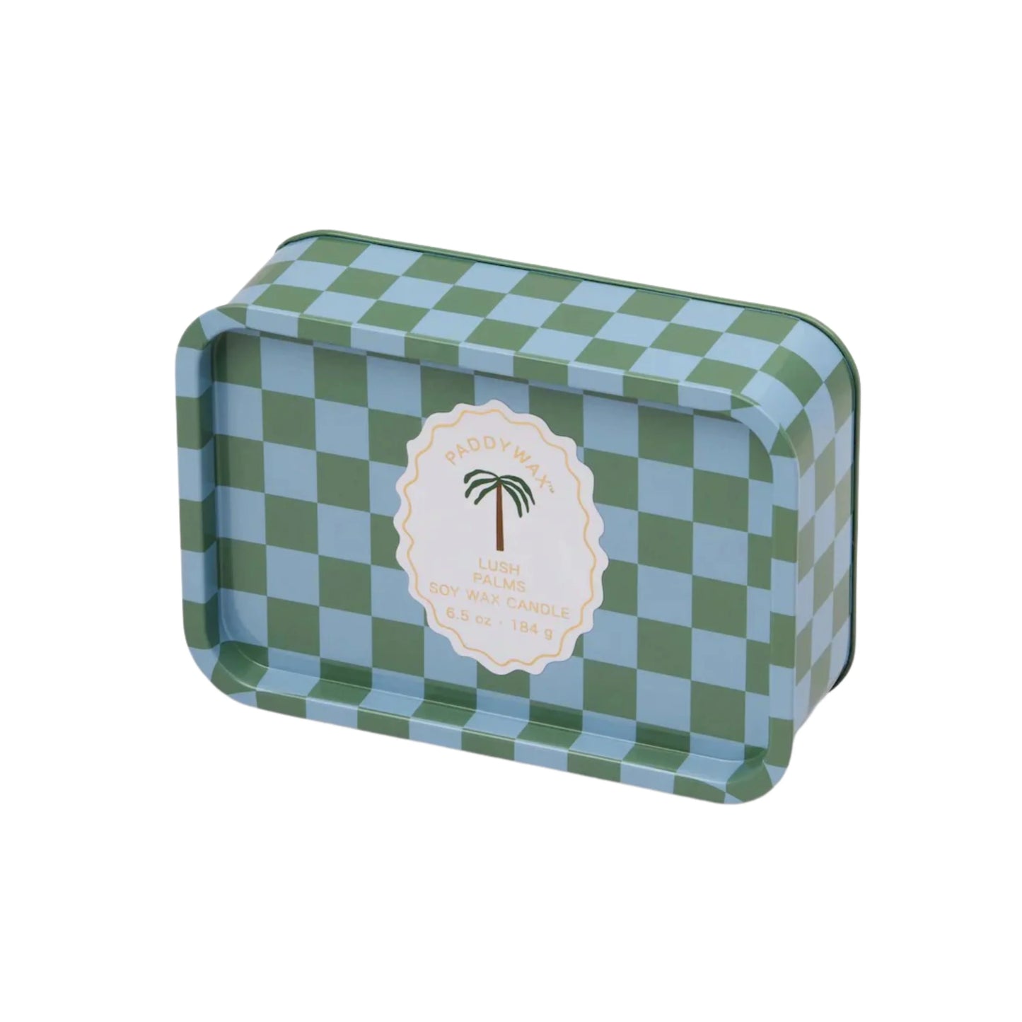 Blue and green checkered tin with a white label. Label has a palm tree on it and says "Paddywax, Lush PalmsSoy Wax Candle, 6.5 oz - 184 g