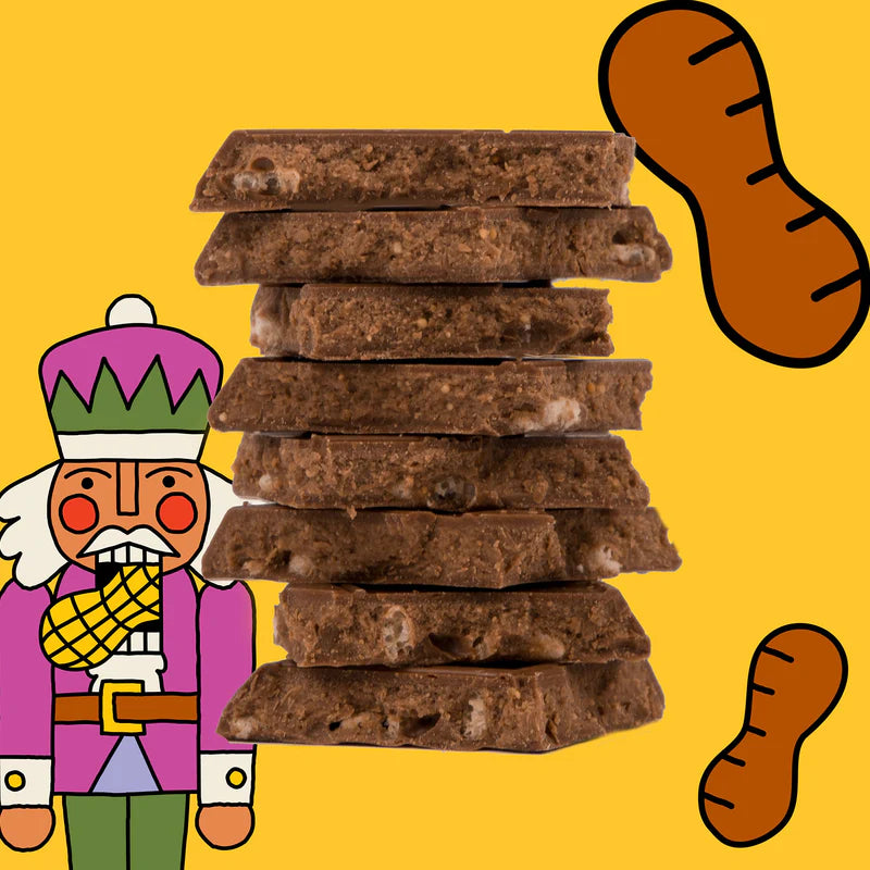 Detail of the inside of the bar shows rice crisps and chocolaty peanut-y goodness