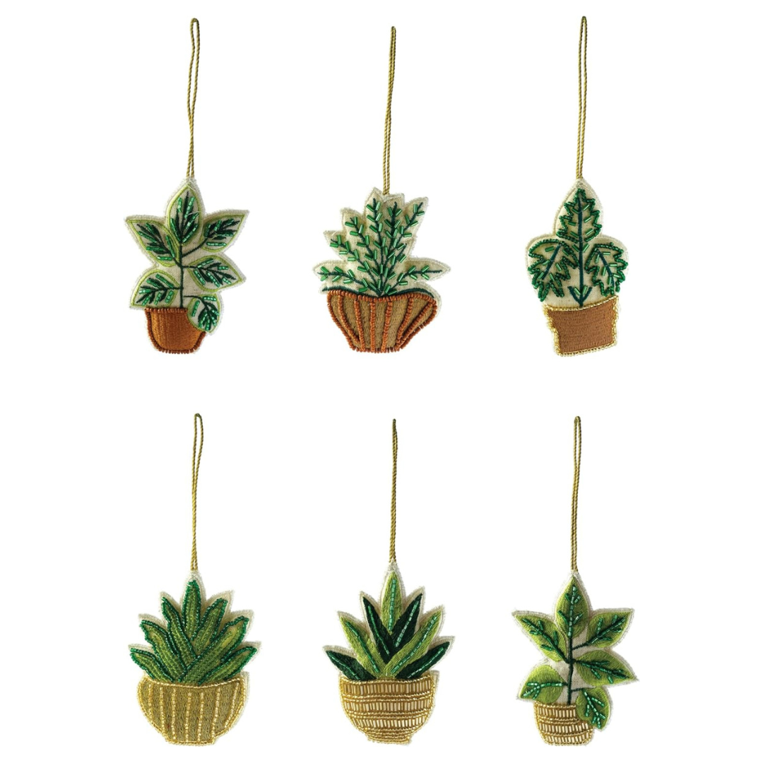 Six beaded potted plant ornaments on gold cord.
1- Wide leaf style in a bronze pot
2- Fern-like plant in a brown basket
3- Fiddle Leaf in brown and gold pot
4- Aloe- like plant in gold basket
5- Snake style in gold pot
6- Wide leaf style in a gold pot

Styles are sold individually