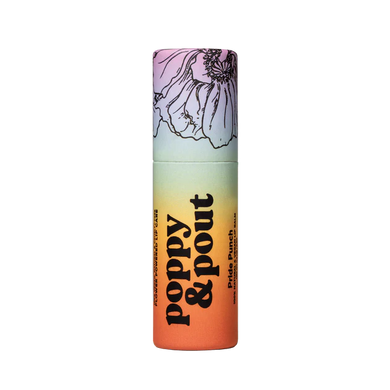 poppy & pout brand lip balm with rainbow gradient tube