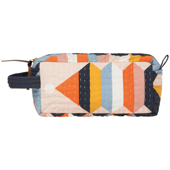 Abstract print, quilted cosmetic bag in blue, navy, orange, white, pink, and peach