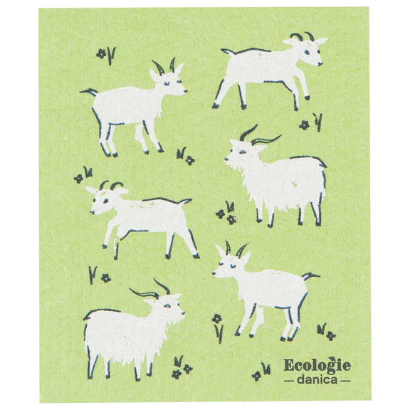 Light green reusable sponge cloth with adorable goats all over it