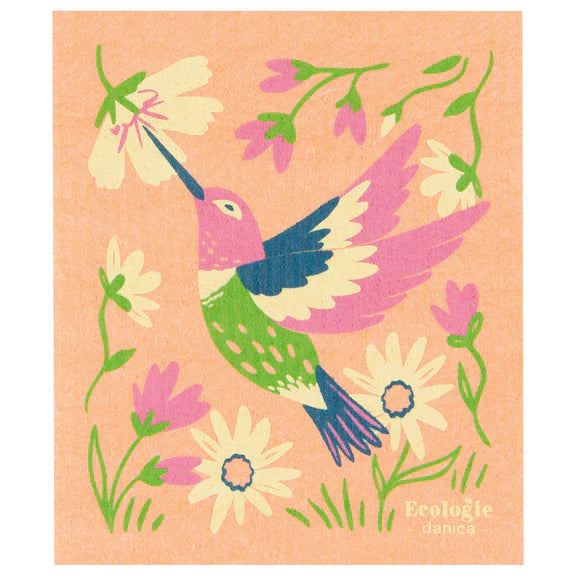 Peach reusable sponge cloth with a colorful hummingbird and flowers