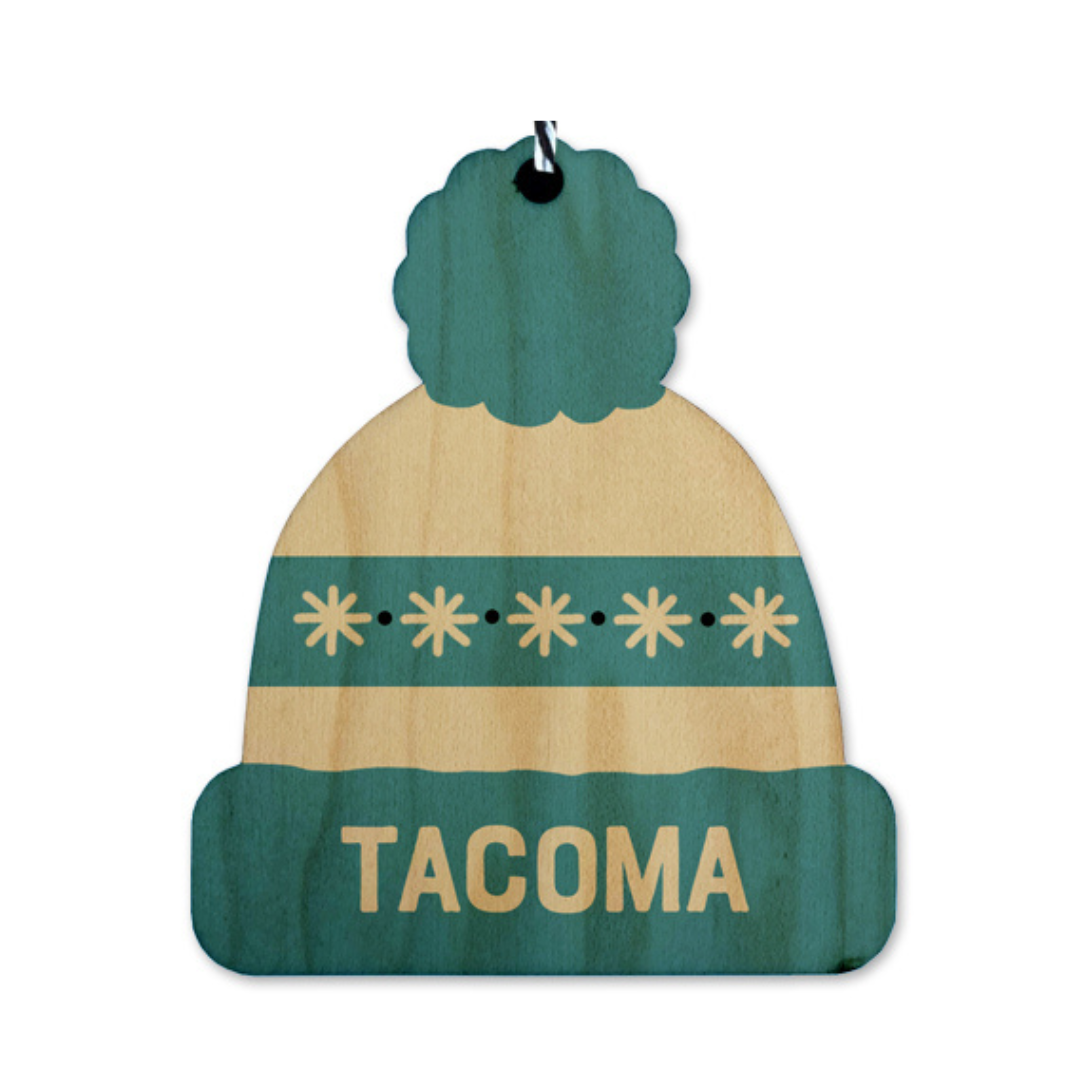Wood Die-Cut Ornament - Blue Beanie Tacoma