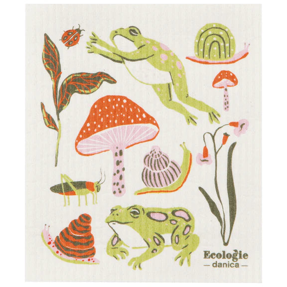 Reusable sponge cloth decorated with frogs, toadstools, snails, and flowers