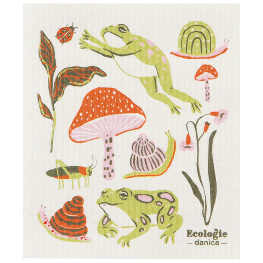 Reusable sponge cloth decorated with frogs, toadstools, snails, and flowers