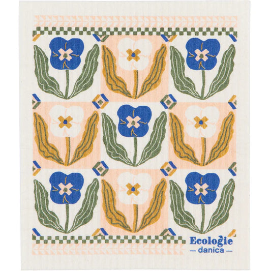 Reusable sponge cloth with a Scandinavian floral design in blue, green, and gold