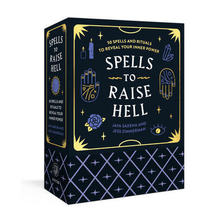 box of cards with spells to raise hell, black packaging with purple and gold design