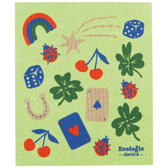 Green reusable sponge cloth with brightly colored good luck charms