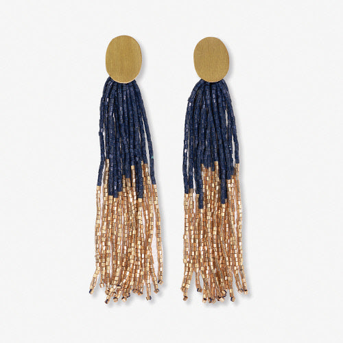 Mae Oval Brass Post 2-Color Beaded Tassel Earrings - Navy